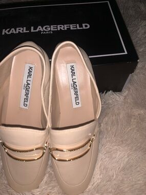 Karl Lagerfeld Cream Loafers with Gold Accent on heel of shoe. Brand new, 6.5